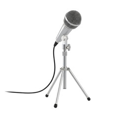 Obraz premium Silver microphone poised on a stand ready for recording podcast or performance audio equipment