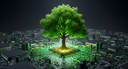 Sustainable technology concept with vibrant green tree on circuit board