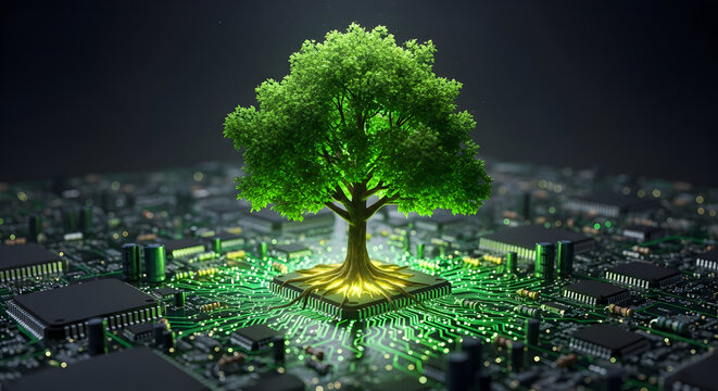 Sustainable technology concept with vibrant green tree on circuit board - Powered by Adobe