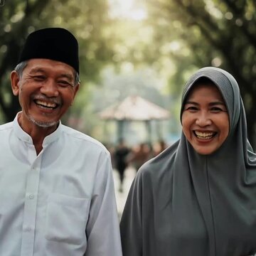  A middle-aged Muslim couple, a man in a white shirt and peci cap and a woman in a grey hijab, walk hand-in-hand and smile at each other down a tree-lined avenue.