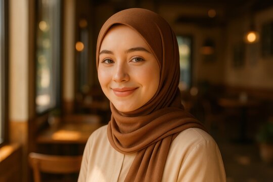 Smiling Malay woman in brown hijab at cozy cafe - Powered by Adobe
