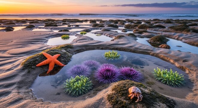 Colorful Tide Pool Scene with Starfish and Sea Urchins at Sunset.