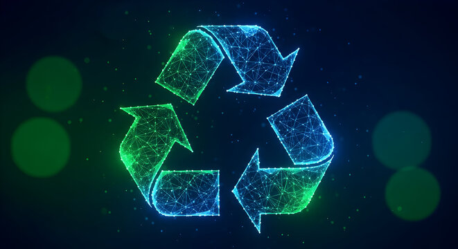 Vibrant futuristic recycling symbol glowing with technology and innovation