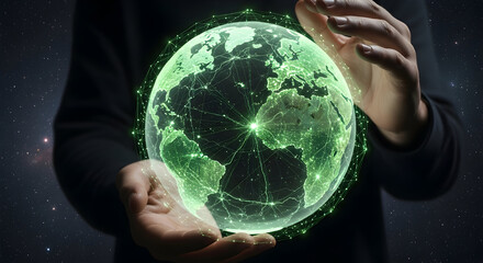 Empowering global connectivity concept in human hands, futuristic glow