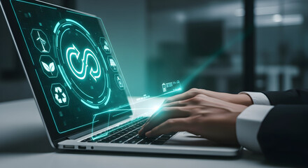 Sustainable business owner promoting green energy on sleek modern laptop