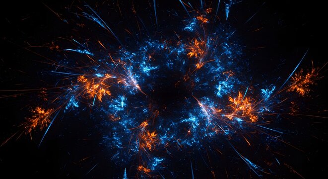 Abstract digital art of a swirling, fiery explosion with blue and orange hues against black