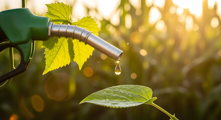 Green energy concept, fuel nozzle dripping into leaf, nature sunlight