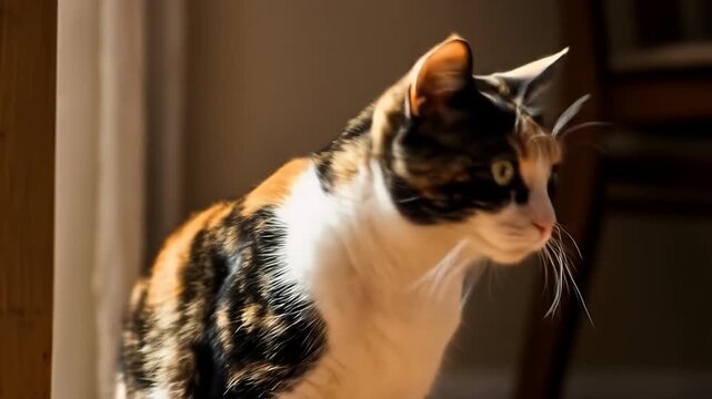 Calico Cat in Warm Sunlight Realistic Indoor Pet Portrait