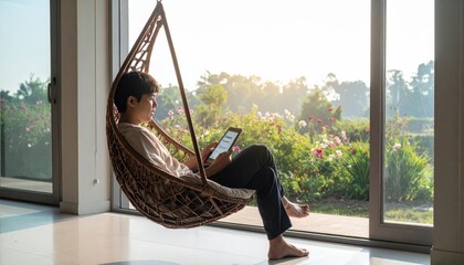 Office wellness room with a comfortable pod chair headphones and soft colored lighting for employees to recharge with generous copy space for corporate health content