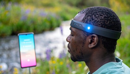 Close up of a brainwave headband used for meditation while a smartphone shows realtime feedback with clean side copy space for wellness and tech education