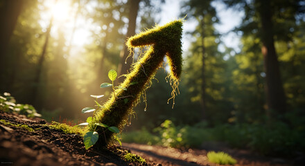 Naklejka premium Green arrow sign covered in moss points upwards in sunlit forest