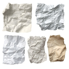 Crinkled Paper Sheets in White Beige and Light Gray on Transparent Background