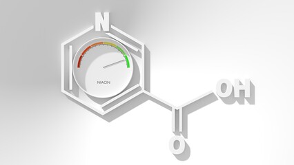 Structural chemical formula of niacin. Nicotinic acid or vitamin b3 and level scale. Concept of medicine and pharmacy. 3D render