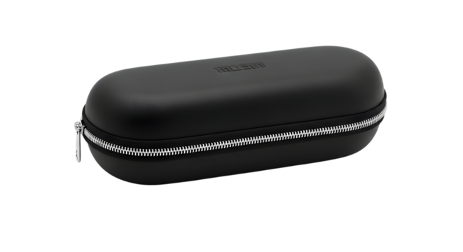 Black hard shell glasses case with zipper isolated on transparent background, perfect for protecting your eyewear from scratches and damage