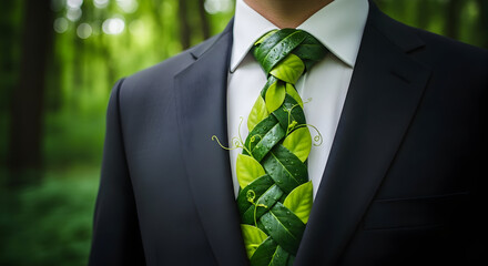 Professional businessman in suit with nature inspired leaf tie and forest background