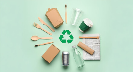 Eco-friendly disposables and recycling symbol on pastel background