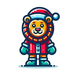Festive Cartoon Lion in Santa Hat: Cute Winter Animal Christmas Illustration - Cheerful and Colorful Artwork for Holiday Season and Social Media Graphics
