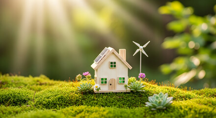 Sustainable dream home with solar and wind power nestled in nature