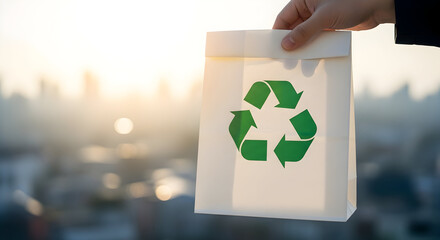 Hand holds white bag with green recycling symbol against soft focus city background