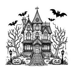 Gothic Haunted House Illustration: Spooky Mansion with Halloween Decorations and Creepy Trees in Eerie Night Scene - Black and White Vector Art with Mystical Atmosphere and Dark Fantasy Theme