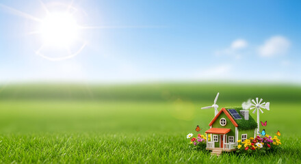 Eco-friendly miniature house with solar panels and wind turbines in sunny meadow