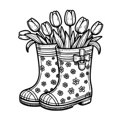 Whimsical Monochrome Rubber Rain Boots and Tulips Illustration for Eco-Friendly Spring Decor and Gardening Accessories