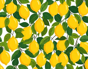 Lemon Tree Pattern with Yellow Fruits and Green Leaves Against a White Background Ideal for Textile Designs and Culinary Themes