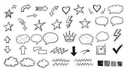 Vector art of collection of handdrawn doodle elements including stars, hearts, arrows, speech bubbles, crowns, check marks, and lightning bolts