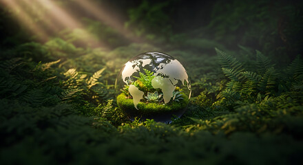 Lush green terrarium globe symbolizing earth's vibrant ecosystem in sunlight