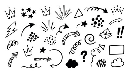 Vector art of collection of handdrawn doodle elements including crowns, stars, arrows, question marks, and clouds
