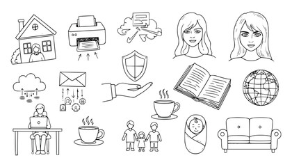 Vector art of collection of handdrawn icons representing various concepts like home, work, family, technology, and lifestyle