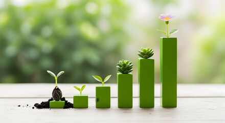 Green shoots grow on rising bar graph symbolizing financial growth and investment