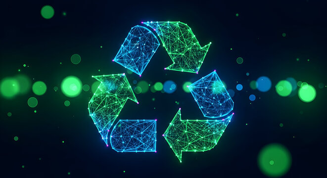 Dynamic digital recycle symbol glows with futuristic blue and green energy