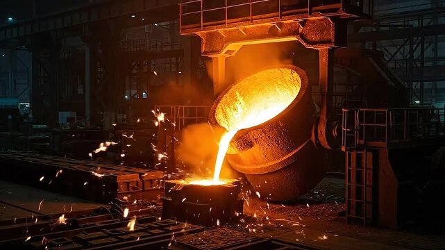 Liquid Metal Pouring from Ladle with Flying Splatters in Foundry Setting Rich with Industrial Equipment Intense Orange Light and Dark Gray Tones Creating a Fiery Casting Display