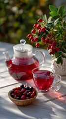 Autumn tea setting with fresh berries and glass teapot on sunny day