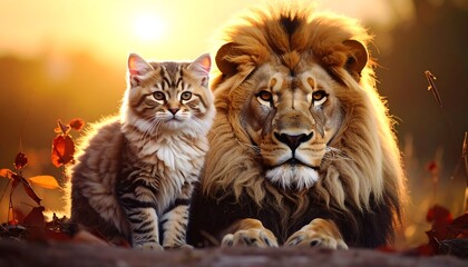 A feline and majestic lion side by side, bathed in sunset hues