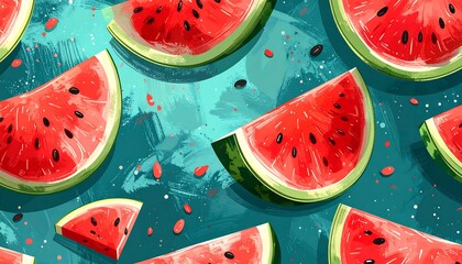 Watercolor style artwork featuring numerous watermelon slices