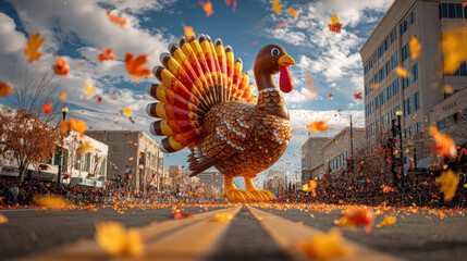 Giant turkey balloon floats down city street during festive autumn parade, surrounded by colorful falling leaves