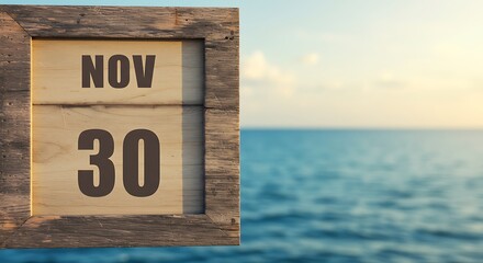 Wooden calendar displaying november 30 against peaceful blue sea