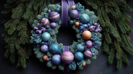 Christmas wreath with blue and purple ornaments and ribbon