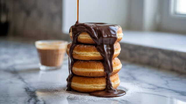 Stack of Glazed Donuts Drizzled with Rich Dark Chocolate Sauce Served with Coffee on a Marble Countertop with Soft Natural Window Light Creating a Delicious Breakfast Scene
