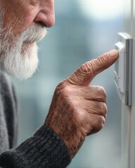 Person adjusting smart home thermostat on wall in bright modern interior with natural daylight and clean minimal design.