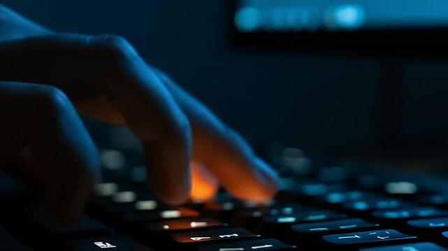 Close Up of Fingers Typing on Keyboard at Night
