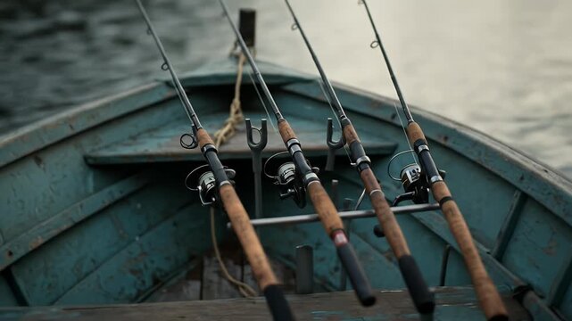Close up of fishing rods on a teal boat on water