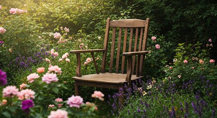 Obraz premium Wooden rocking chair surrounded by flowers in a lush garden setting