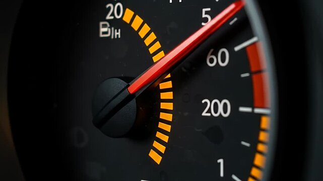 Close Up of Glowing Orange Speedometer Needle in Black Background