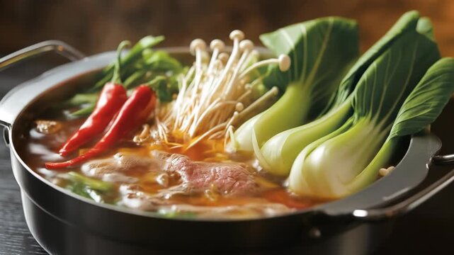 Steaming Hot Pot Dish With Sliced Meat Bok Choy Enoki Mushrooms And Red Chili Peppers In A Metal Bowl With Soft Golden Lighting And A Dark Background