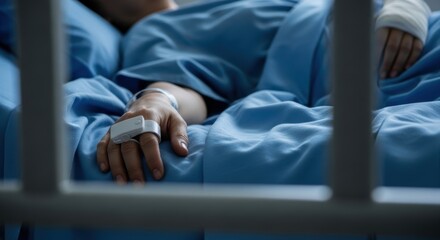 Close up of sick patient hand with pulse oximeter sensor monitoring vital signs while sleeping in a hospital bed covered with a blue blanket in the intensive care unit