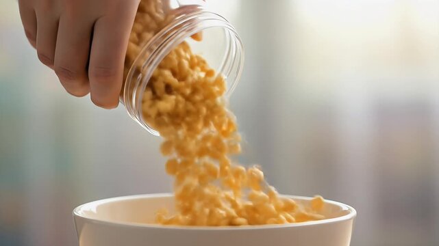 Close Up Of Hand Pouring Cereal Into Bowl Soft Focus Background