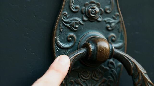 Close up of Hand Touching Ornate Dark Metal Door Knocker Outdoor